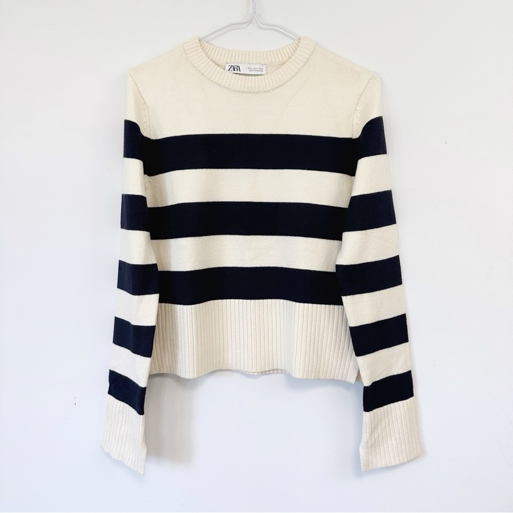 Zara Cream and Black Striped Crewneck Sweater